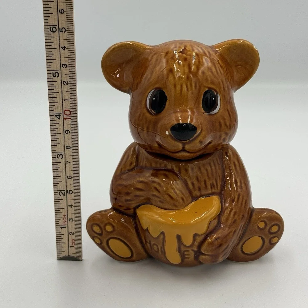 Vintage Brown Ceramic Teddy Bear Honey Pot Jar‎ with Dipper